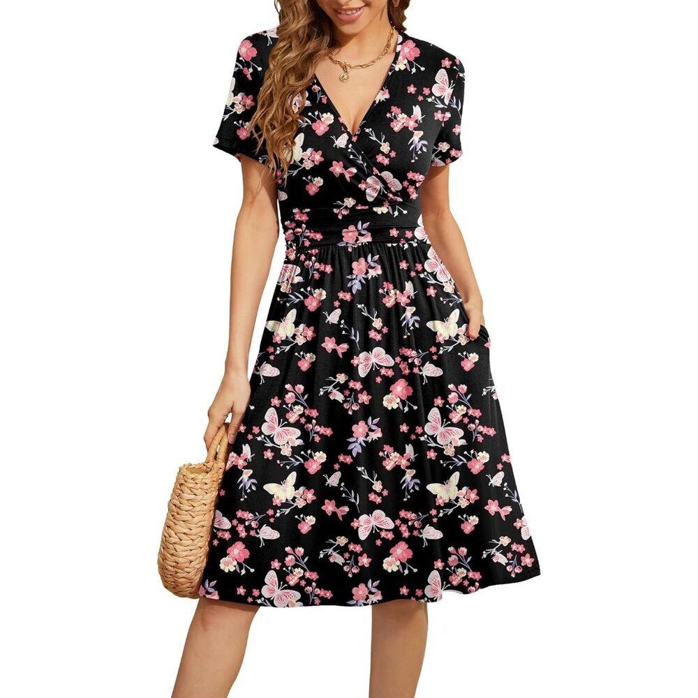 Women Butterfly Short Sleeve V-Neck Floral Stretchy Party Dress with Pockets